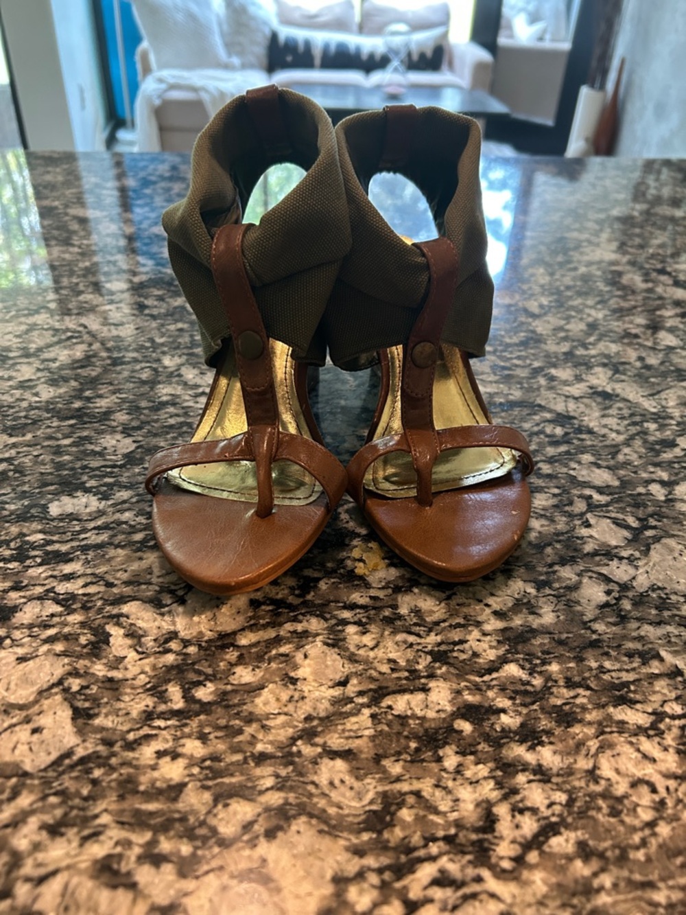 Brown Leather & Olive Fabric Ankle-Wrap Sandals - Women